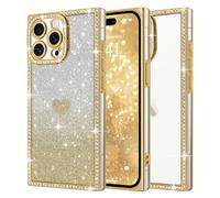 ROSEHUI for iPhone 15 Pro Case for Women Girls,Cute Love Heart Pattern, Electroplated Luxury Glitter Bling Diamond Clear Rectangle Case,Full Camera Protective Shockproof Soft TPU Cover-Gold