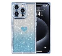 ROSEHUI for iPhone 15 Pro Max Case for Women Girls,Cute Love Heart Pattern, Electroplated Luxury Glitter Bling Diamond Clear Rectangle Case,Full Camera Protective Shockproof Soft TPU Cover-Blue