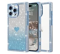 ROSEHUI for iPhone 16 Pro Max Case for Women Girls,Cute Love Heart Pattern, Electroplated Luxury Glitter Bling Diamond Clear Rectangle Case,Full Camera Protective Shockproof Soft TPU Cover-Blue
