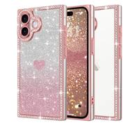 ROSEHUI for iPhone 17 Case Glitter,Rectangle Clear Sparkly Phone Case with Bling Rhinestone Cute Heart Pattern Glitter Paper,Camera Protective TPU Shockproof Cover for Women Girls-Rose gold