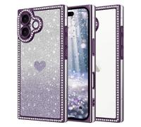 ROSEHUI for iPhone 17 Case Glitter,Rectangle Clear Sparkly Phone Case with Bling Rhinestone Cute Heart Pattern Glitter Paper,Camera Protective TPU Shockproof Cover for Women Girls-Purple