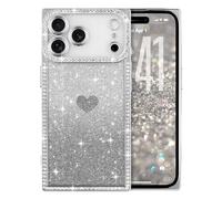 ROSEHUI for iPhone 17 Pro Case Glitter,Rectangle Clear Sparkly Phone Case with Bling Rhinestone Cute Heart Pattern Glitter Paper,Camera Protective TPU Shockproof Cover for Women Girls-Silver