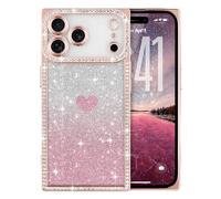 ROSEHUI for iPhone 17 Pro Case Glitter,Rectangle Clear Sparkly Phone Case with Bling Rhinestone Cute Heart Pattern Glitter Paper,Camera Protective TPU Shockproof Cover for Women Girls-Rose gold