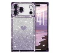 ROSEHUI for iPhone 17 Pro Max Case Glitter,Rectangle Clear Sparkly Phone Case with Bling Rhinestone Cute Heart Pattern Glitter Paper,Camera Protective TPU Shockproof Cover for Women Girls-Purple