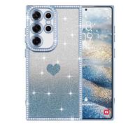 ROSEHUI for Samsung Galaxy S24 Ultra Case Glitter,Rectangle Clear Sparkly Phone Case with Bling Rhinestone Cute Heart Pattern Glitter Paper,Camera Protective TPU Shockproof Cover for Women Girls,Blue