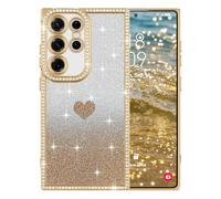 ROSEHUI for Samsung Galaxy S24 Ultra Case Glitter,Rectangle Clear Sparkly Phone Case with Bling Rhinestone Cute Heart Pattern Glitter Paper,Camera Protective TPU Shockproof Cover for Women Girls,Gold