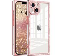 ROSEHUI Glitter Case for iPhone 14,Clear Rectangle Electroplated Sparkle Bumper with Bling Rhinestones Phone Case for Women,Sparkly Diamond Camera Protection Soft Slim TPU Cover-Rose Gold