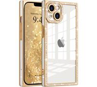 ROSEHUI Glitter Case for iPhone 15,Clear Rectangle Electroplated Sparkle Bumper with Bling Rhinestones Phone Case for Women,Sparkly Diamond Camera Protection Soft Slim TPU Cover-Gold