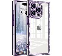 ROSEHUI Glitter Case for iPhone 15 Pro Max,Clear Rectangle Electroplated Sparkle Bumper with Bling Rhinestones Phone Case for Women,Sparkly Diamond Camera Protection Soft Slim TPU Cover-Purple