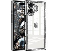 ROSEHUI Glitter Case for iPhone 17,Clear Rectangle Electroplated Sparkle Bumper with Bling Rhinestones Phone Case for Women,Sparkly Diamond Camera Protection Soft Slim TPU Cover-Black