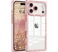 ROSEHUI Glitter Case for iPhone 17 Pro,Clear Rectangle Electroplated Sparkle Bumper with Bling Rhinestones Phone Case for Women,Sparkly Diamond Camera Protection Soft Slim TPU Cover-Rose gold