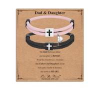 RoseJeopal 2 Pairs Matching Magnetic Heart Bracelets for Dad Daughter, Christian Cross Rope Bracelet Baptism Confirmation Father’s Day Gifts (Dad & Daughter)