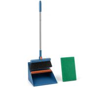 ROSEKEYSB Long Handled Dustpan and Brush Set, Upright Broom and Dustpan with Self Cleaning Comb, 180° Rotating Head and Folding Pan for Hard Floors, Kitchen and Pet Hair, Blue