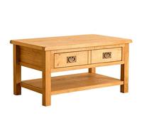 RoselandFurniture Lanner Oak Coffee Table with Storage Drawer | Traditional Rustic Waxed Solid Wood Rectangular Living Room Furniture with Shelf, H:47cm W:90cm D:55cm