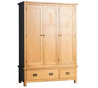 RoselandFurniture Surrey Oak Large Triple Wardrobe with Drawers | Traditional Rustic Waxed Solid Wood 3 Door Wardrobe Storage Unit for Bedroom with Hanging Rail