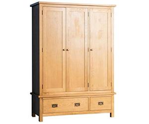 RoselandFurniture Surrey Oak Large Triple Wardrobe with Drawers | Traditional Rustic Waxed Solid Wood 3 Door Wardrobe Storage Unit for Bedroom with Hanging Rail