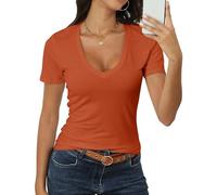Roselux Women Short Sleeve Deep V Neck Tops Shirts Fitted Cotton Summer Tshirt Tee, Burnt Orange, L