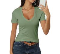 Roselux Women Short Sleeve Deep V Neck Tops Shirts Fitted Cotton Summer Tshirt Tee, Sage Green, M