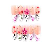 ROSELYNNE Press On Nails - 10PCS Hand-Painted Floral French Tips with 3D Flower and Mixed Pattern Designs, Long Stiletto False Nails, Reusable Glue-On Nails for Women And Girls