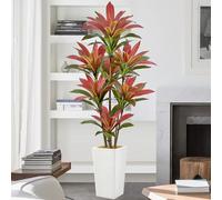 Roselywed Artificial Red Dracaena Tree 6FT 114 Leaves 7 Heads, White Tall Planter Cover with Coconut Fiber, 72 Inch Faux Tropical Silk Bicolor Plant for Indoor Outdoor Decor (6FT, White Tall Planter)