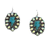 Rosemarie & Jubalee Western Oval Concho Lightning Bolt Drop Dangle Earrings, AB Crystal, Turquoise, Burnished Silver, Hypoallergenic 1.75"