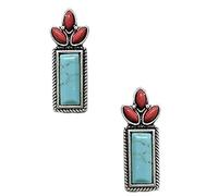 Rosemarie & Jubalee Western Style Earrings, Turquoise Howlite and Coral Red Stones, Rectangular Stud Design, 1.18"