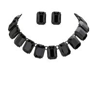 Rosemarie & Jubalee Women's Bejeweled Colorful Emerald Cut Crystal Rhinestone Statement Necklace Earrings Bridal Gift Set, 16.5"+3" Extender, Metal Glass, Crystal