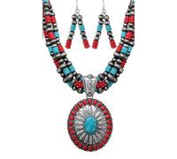 Rosemarie & Jubalee Women's Cowgirl Chic Statement Burnished Silver Howlite Concho Pendant On Multi Strand Western Metallic Pearl Necklace Earrings Set, 20"+3" Extender