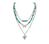 Rosemarie & Jubalee Women's Cowgirl Chic Turquoise Blue Howlite Stone Beads On Multistrand Western Style Butterfly Charm Cactus Pendant Necklace, 14"+3" Extender