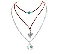 Rosemarie & Jubalee Women's Cowgirl Chic Turquoise Blue Howlite Stone Star Charm Silver Tone Cactus And Moon Pendants On Western Style Vegan Suede Multistrand Necklace, 14"+3" Extender