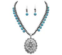 'Rosemarie & Jubalee Womens Cowgirl Chic Western Style Statement Turquoise Howlite Stone Concho Pendant Necklace Earrings Set, 18''+3'' Extender', Metal, no gemstones