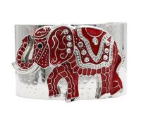 Rosemarie & Jubalee Women's Majestic Red Enamel Coated Crystal Accented Lucky Elephant Extra Wide Open Cuff Polished Silver Tone Bangle Bracelet, 7.5"