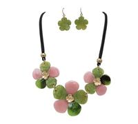 Rosemarie & Jubalee Women's Statement Pink And Green Sparkly Lucite Resin Flower On Corded Necklace With Dangle Earrings Designer Fashion Set, 14"+3" Extender