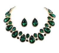 Rosemarie & Jubalee Women's Stunning And Colorful Teardrop Halo Crystal Rhinestone Statement Necklace Earrings Bridal Gift Set, 18"+4" Extender, Metal Glass, Crystal