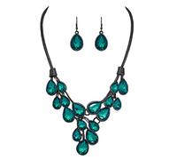 Rosemarie & Jubalee Women's Stunning Christmas Green Teardrop Crystal Holiday Statement Necklace Earrings Gift Set, 13"+3" Extender, Metal Glass, Crystal