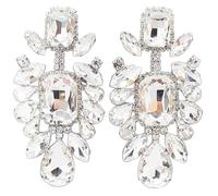 Rosemarie & Jubalee Women's Stunning Statement Size Colorful Crystal Rhinestone Clip On Formal Event Earrings, 3.75" (Clear Crystal Silver Tone)