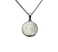 Rosemarie's Religious Gifts Women's Stainless Steel Saint Benedict Double Sided Medallion Pendant On Sterling Silver Made In Italy Chain Necklace, 18", Stainless Steel, No Gemstone