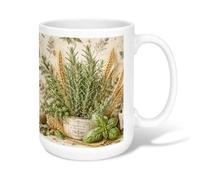 Rosemary Ceramic Coffee Mug, Rustic Vintage Basil Wheat Summer Green Novelty Hot Chocolate Mug with Handle Ideal for Friendship Family Colleague Staff Sweetheart Teachers 15 Oz