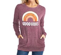 rosemia Womens Sweatshirts Long Sleeve Graphic Pullover Tshirt Pockets Casual Loose Blouse Tops, Rainbow Purple Red, Medium