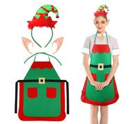 ROSEMO 3 Pack Christmas Elf Apron Set, Include Apron & Elf Hat Headband & Elf Ears, Waterproof Kitchen Apron for Adult Xmas Family Dinner Baking Cooking BBQ Grilling Party, Christmas Chef Gift