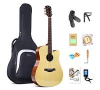 Rosen 4/4 Acoustic Guitar for Beginners Soild Spruce Top 41 Inch Guitarra Full Size Cutaway with Gloss Finish Bundle Starter Kit with Gig Bag, Tuner, Strings, Strap, and Picks