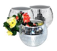 ROSEONE Pack of 3 Disco Ball Flower Pot, Small Disco Ball Vase, Disco Ball Plant Pots, Mirror Ball Planter, Glass Disco Ball Planters, Disco Ball Decoration for Party, Office, Kitchen (Silver, 4 x 5 x