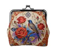 Roses and Birds Leather Coin Purse for Women-Small Kiss Lock Wallet, Mini Card Holder for Keys Lipstick, Cute Change Purse for Travel