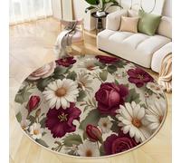 Roses And Daisies Round Rug 200 Cm Indoor Circle Soft Rug Washable Retro Floral Print Non Slip Carpet For Bedroom Entryway Living Room Dining Room Office Decor Mixed Colors