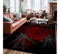 Roses Area Rug, Gothic Halloween Spiderwebs Thorns Halloween Red Non-Slip Backing Aesthetic Rectangle Home Floor Carpet Rugs for Living Room Bedroom Hallway Desk Office Decor 6' X 9'