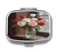 Roses Bloom Small Pill Box for Purse Travel Essentials Metal Pill Case 2 Compartments Compact Medicine Container Portable Daily Pill Organizer for Vitamins Fish Oils