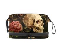 Roses Branch Dead Skull Double Layer Cosmetic Bag for Women and Girls, Travel Toiletry Bag Makeup Handy Pouch Organiser Bag with Brush Compartment