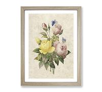 Roses & Butterflies By Pierre Joseph Redoute Vintage Framed Wall Art Print, Ready to Hang Picture for Living Room Bedroom Home Office Décor, Oak A2 (64 x 46 cm)