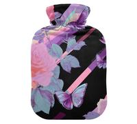 Roses Butterfly Vapor Wave Style Pink Black hot Water Bottles with Soft Cover, 1L hot compresses for The Body for Hand Feet Warmer