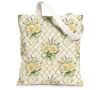 Roses Canvas Tote Bag for Women, Floral Romantic Lavender Bows Spring Yellow Washable Reusable Shopping Bag Ideas for Trave, Yellow, 13x15 Inch
